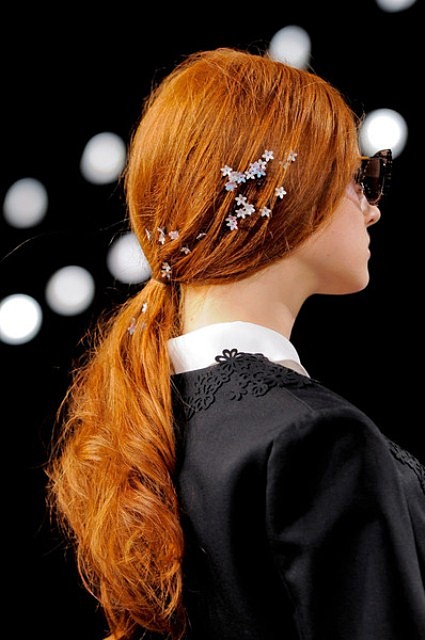 Elegant Low Ponytail With Small Flowers at Honor Spring 2014 New York Fashion Week