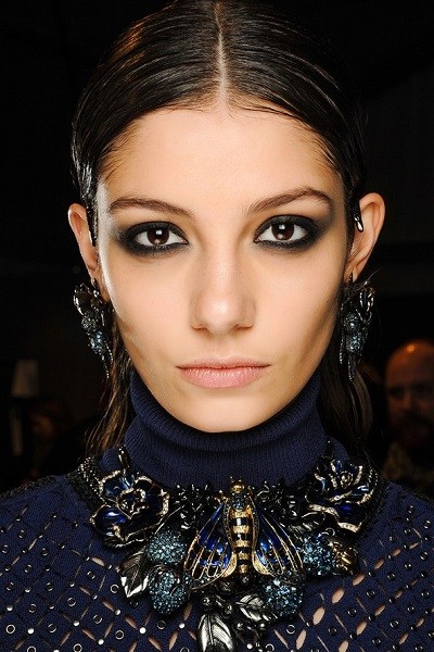 Wet Look MIddle Parted Hairstyle At Roberto Cavalli Fall/Winter 2014 Fashion Show