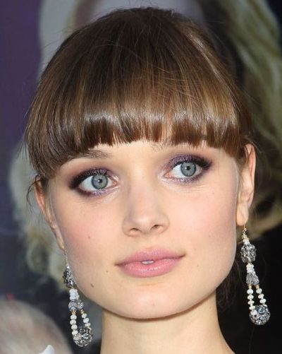Bella Heathcote's Straight Brown Hair In Updo With Blunt Bangs