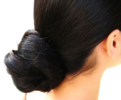 Black Smooth Sleek Hair In Formal Chignon For Brides