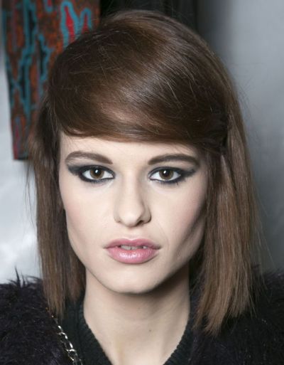 Brunette Hair In Blunt Bob Hairstyle With Faux Side Bangs
