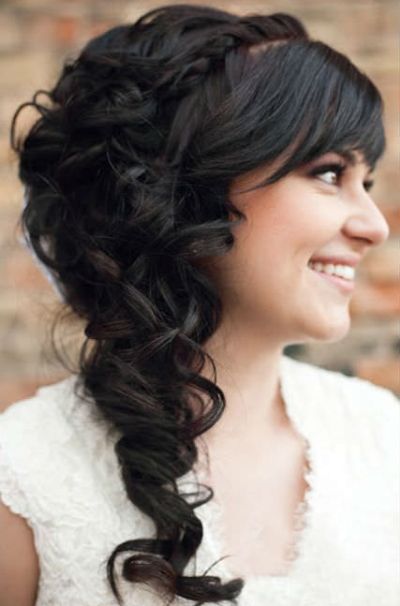 Brunette Hair In Feminine Pretty Side Curly Bridal Hairdo