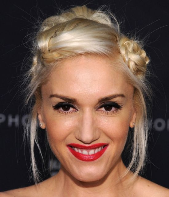 Gwen Stefani's Straight Blonde Hair In Braided Updo With Buns