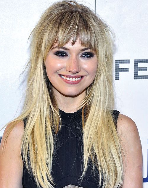 Imogen Poots's Long Blonde Hair In Choppy Hairstyle With Bangs