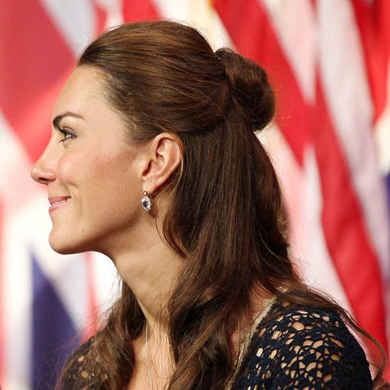 Kate Middleton's Long Brown Hair With Half-Up Bun Hairdo