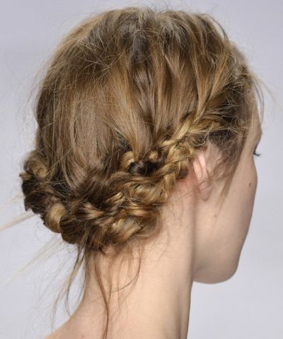 Long Brown Hair In Braided Updo With Loose Romantic Wisps