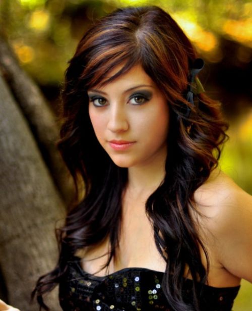 Long Black Hair With Copper Highlights Hairdo For Prom