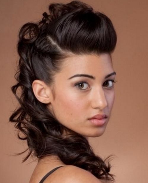 Long Curly Brunette Hair In Pompadour Style Twisted Half Updo