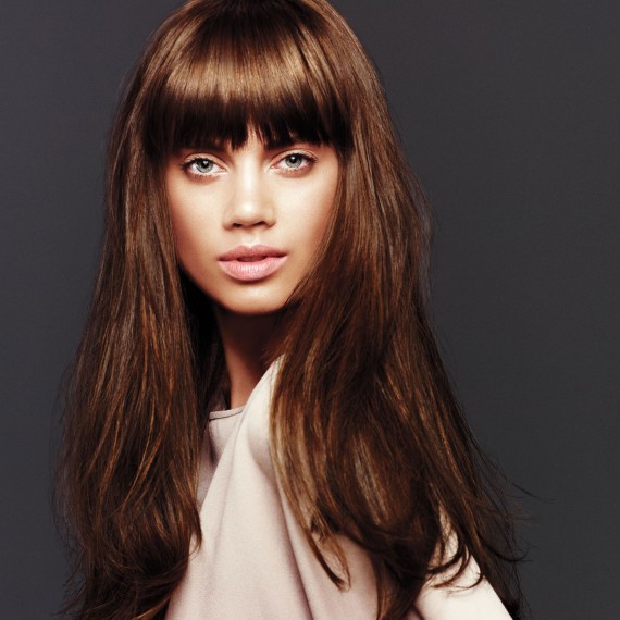 Long Straight Brown Hair With Thick Fringe Bangs For Fall