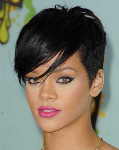 Rihanna Short Straight Black Cropped Hairstyle With Long Sideswept Bangs