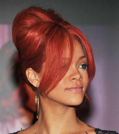 Rihanna's Bright Red Vintage Beehive Hairdo Formal Updo