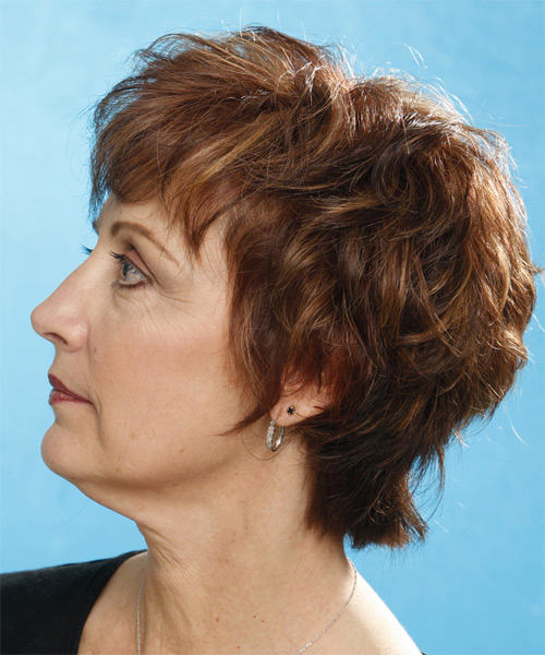 Short Curly Brunette Wedge Mature Hairstyle With Bangs